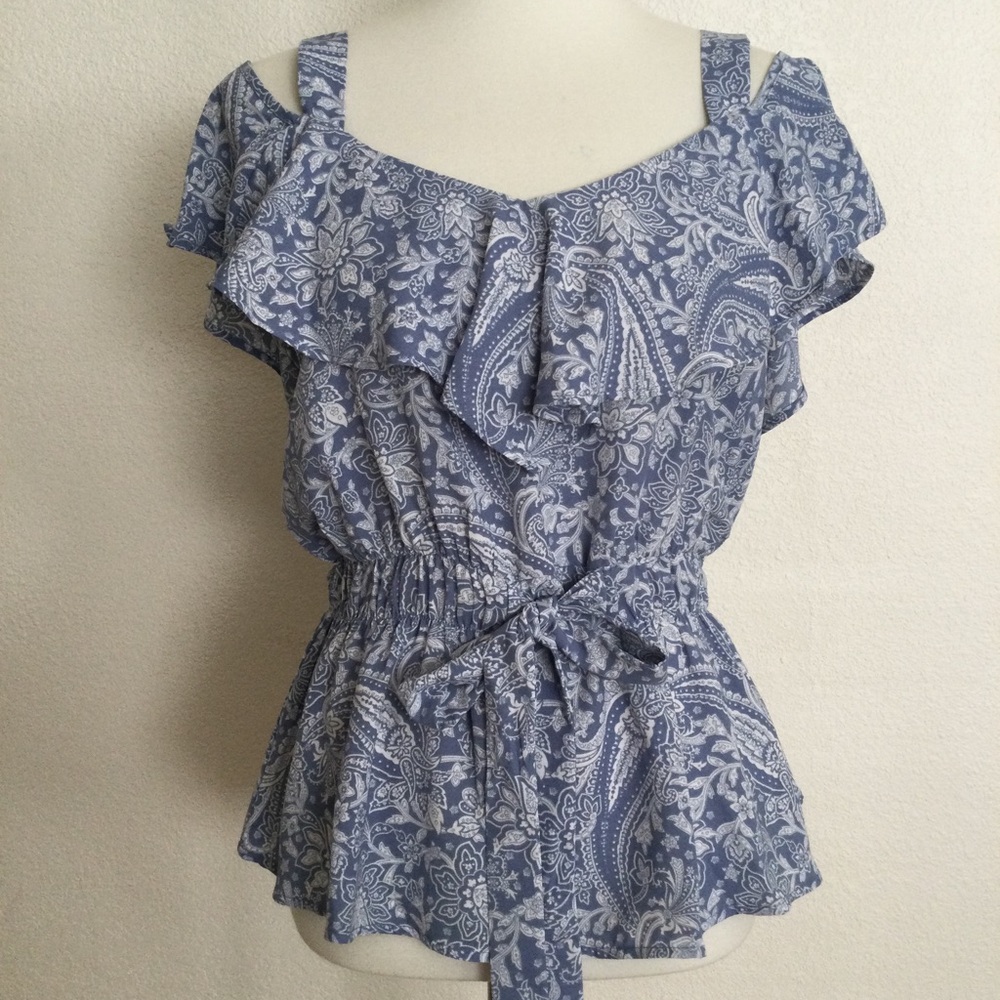 Off the Shoulder Strap Ruffle Floral Romantic Feminine Belt Tie Smocked Blouse